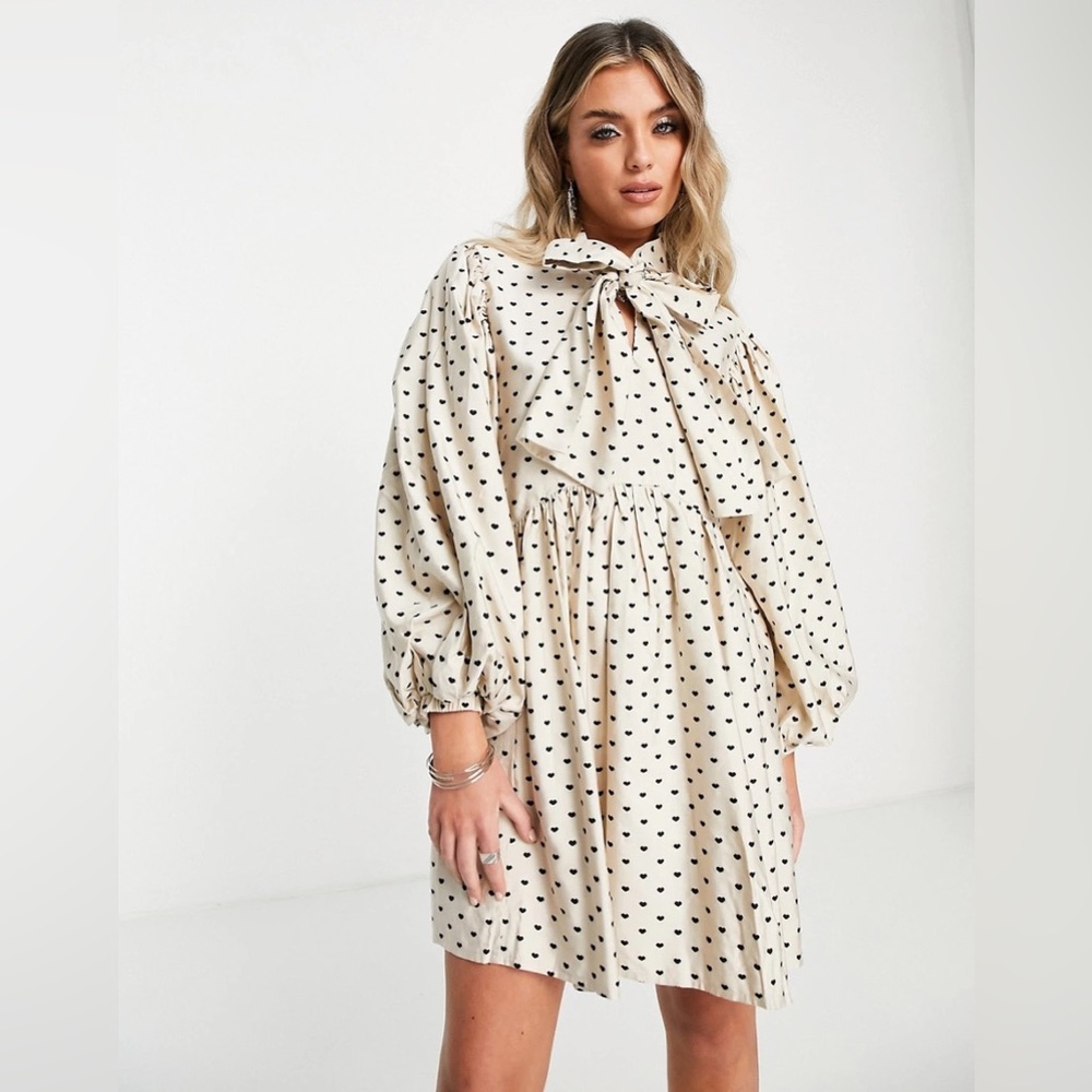 Sister Jane Cream Mini Dress with Black Heart Print and Bow